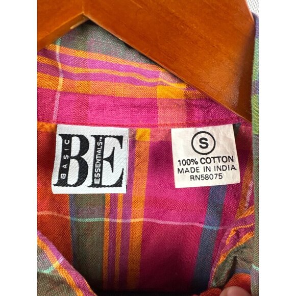 Basic Essentials Womens Sleeveless Button-Up Plaid Shirt Size S 100% Cotton Vibr - Picture 3 of 4